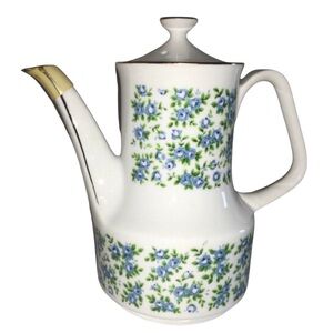 Vintage Enesco Chocolate Coffee Tea Pot Blue Floral On White